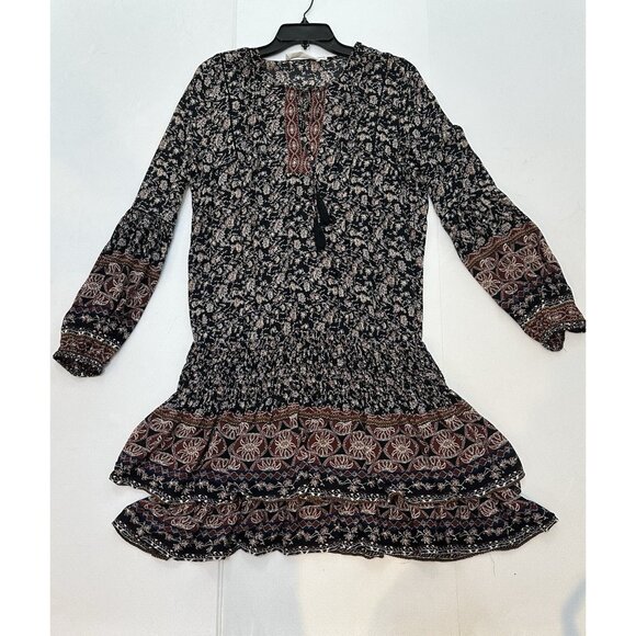 ASTR The Label Balloon Sleeve Printed Tiered Midi Chiffon Dress Brown Sz L #1523 - Picture 16 of 16